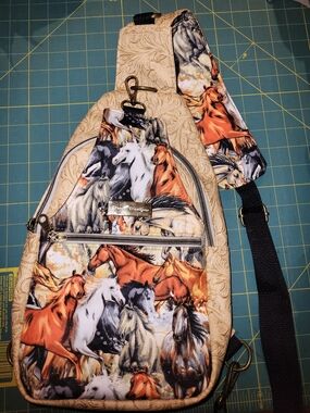 Mini Crossbody Sling Bag - Horse Print in Tan and Orange